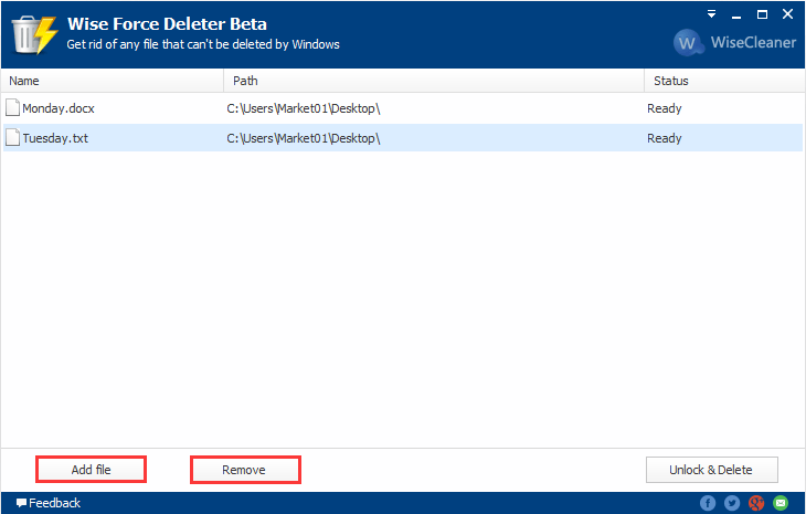 Wise Force Deleter function to add or remove the file