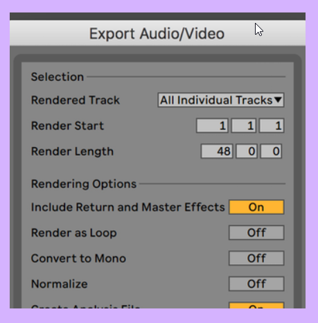 Ableton Live Software showing Export return and master effects