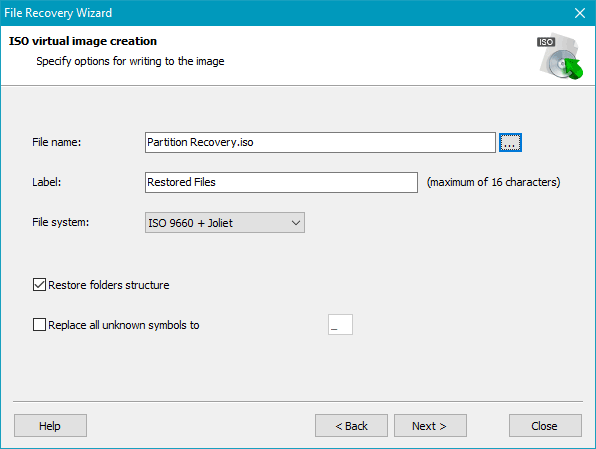 RS Partition Recovery software showing to save to virtual image