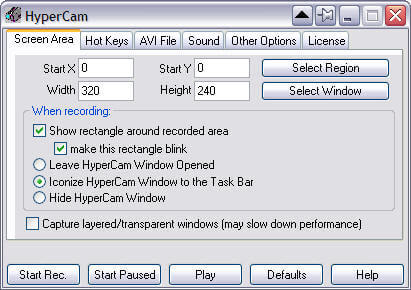 hypercam Screen Area