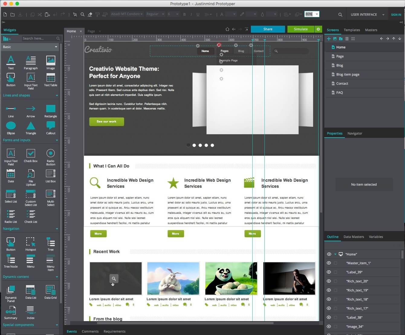 Creative website theme by justinmind prototyper pro