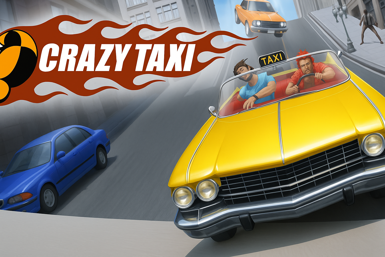 Crazy Taxi gameplay screenshot with taxi jumping over traffic