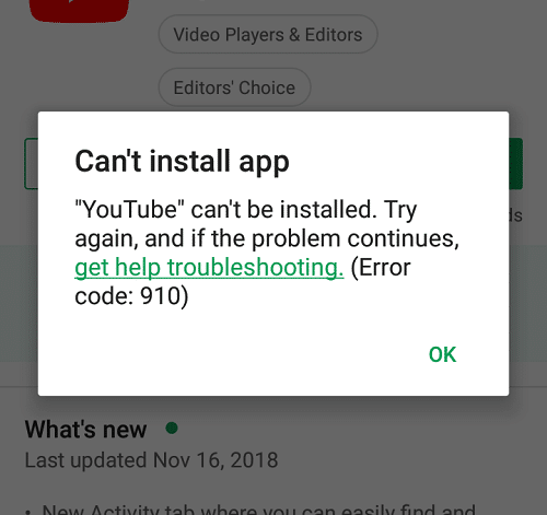 Google Play Store App Error Code 910