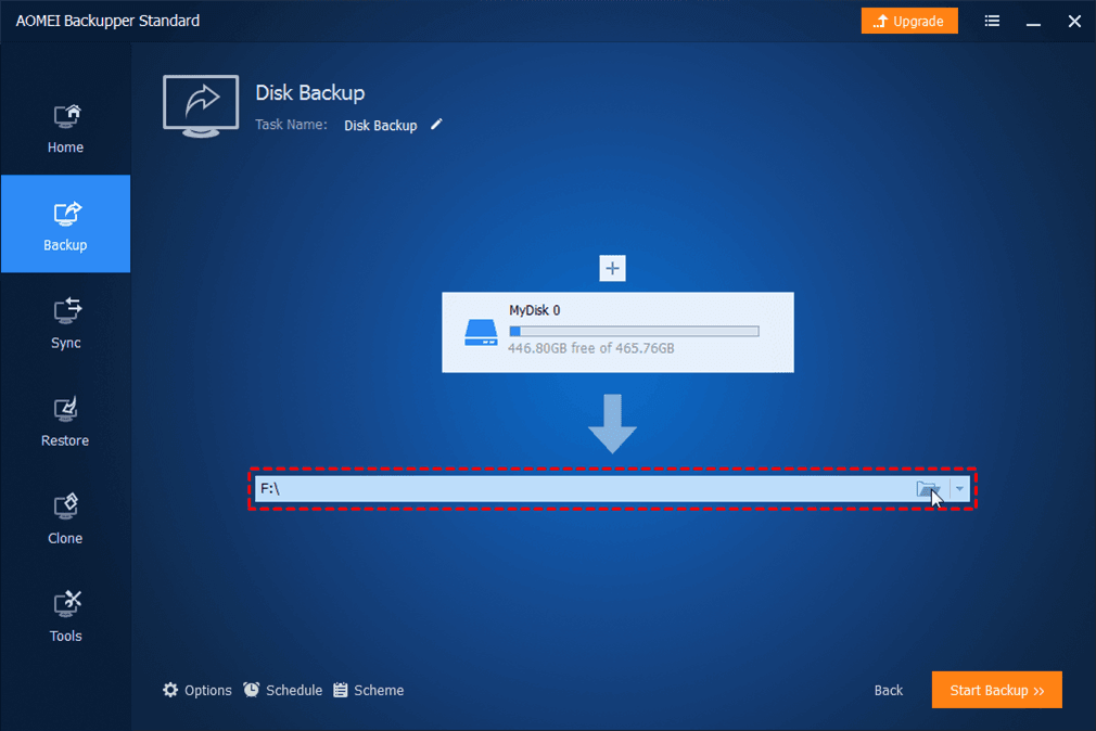 Step 5. Click to select a destination path to save the image backup. You can select local hard drive, external hard drive, a partition, or a shared folder over NAS network.