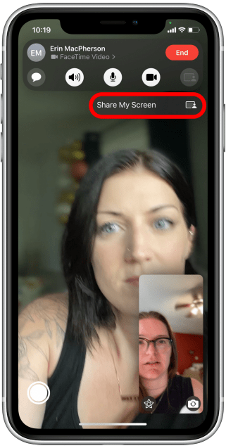 Tap Share My Screen on iphone with facetime