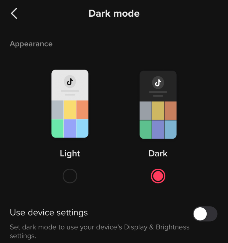 Now you will see the options to use either Light or Dark mode. Tap Dark.