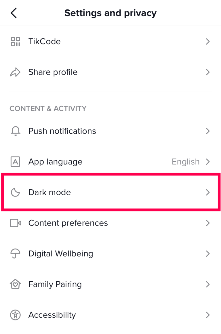 In the Content and Activity section, tap Dark mode.