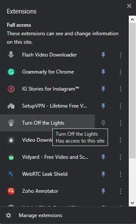 Right-click the Turn Off the Lights extension icon in your browser.