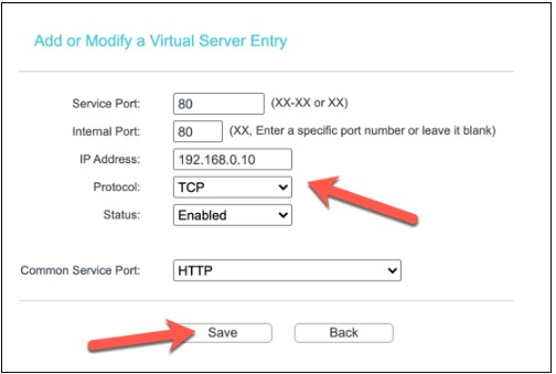 add or modify a virtual server entry