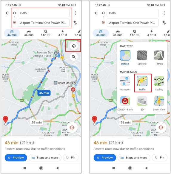 different colors indicating live traffic situation on google maps