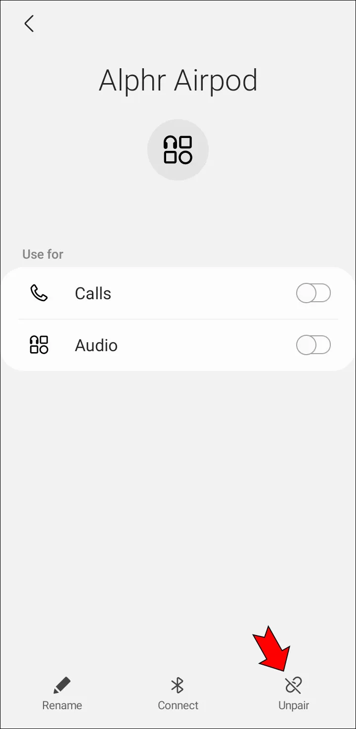 Tap the “Unpair” button at the very bottom of the page.