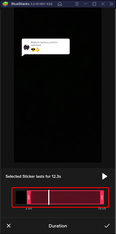 The start and end times for the video segment where you want the comments sticker to appear can be selected using the sliders.