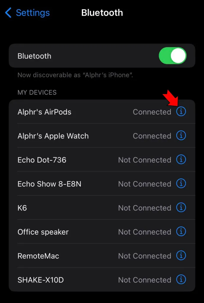 Find the device in question on the list and tap on the “i” icon by its name.