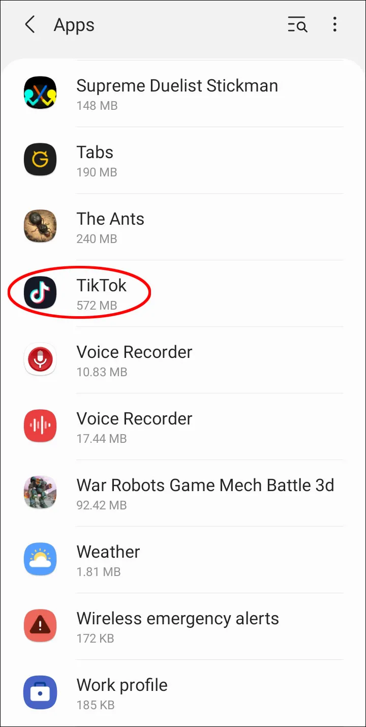 Find the list of your installed applications and tap on “TikTok.”