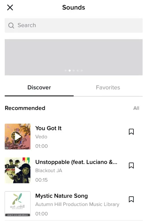 Select any audio you want to add by selecting ‘Sounds’ at the top.