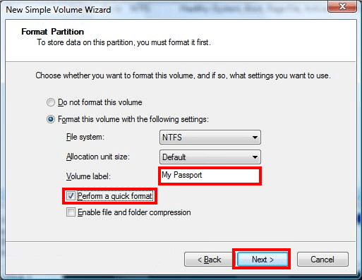 After that give the drive a name and drive letter and choose the format as NTFS