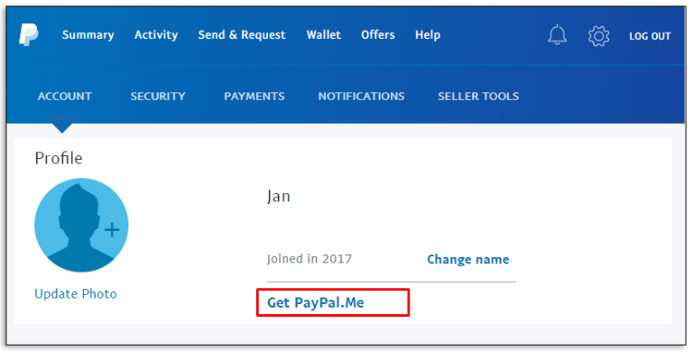 Right underneath your name in the “Profile” section, you should see the “Get PayPal.Me” link.