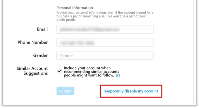 Scroll down and tap Temporarily disable my account to the right of the Submit button.