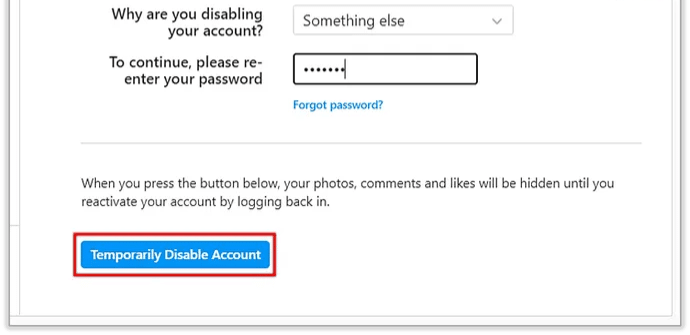 Click or tap Temporarily Disable Account.