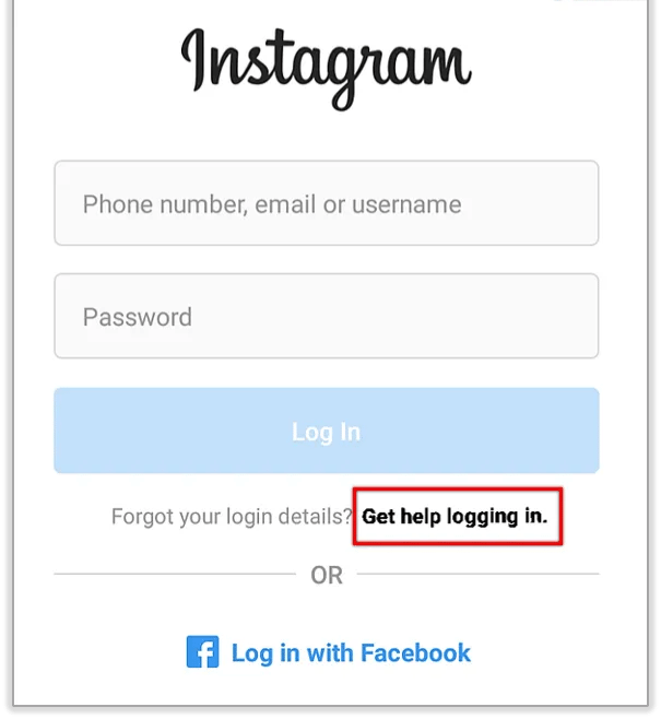 Tap Get help logging in under the login fields.