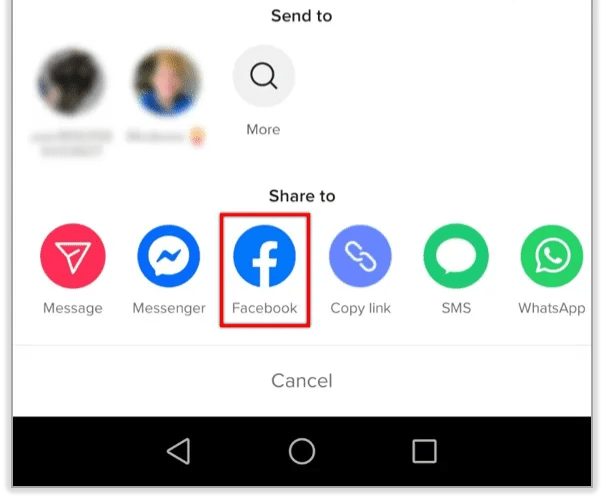 Select a sharing method for your profile by choosing either email, messaging, or one of the social media apps on the list. For our purpose, you’ll want to choose Facebook.