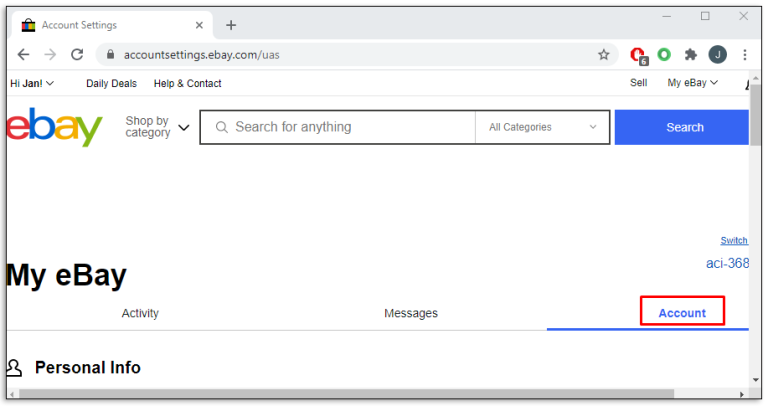 When the “My eBay” page opens, click the “Account” tab.