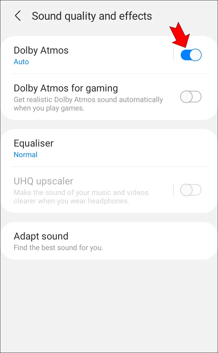 Enable “Dolby Atmos” and reopen TikTok to see the change.