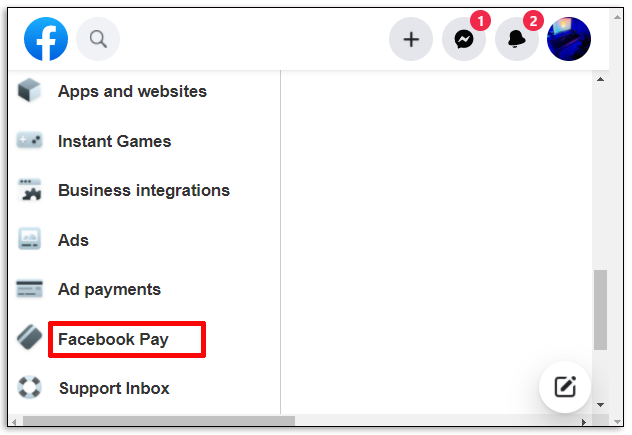 From the menu to the left, click “Facebook Pay.”