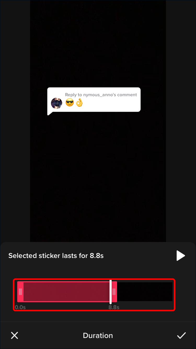 The start and end times of the segment of the video where you want the comments sticker to appear can be selected using the sliders below.