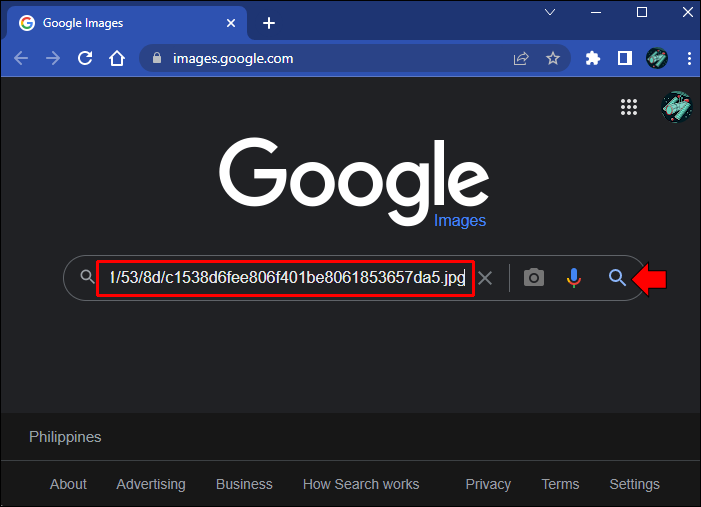 Visit Google Images and paste the image address in the search bar. Click the magnifying glass to search.