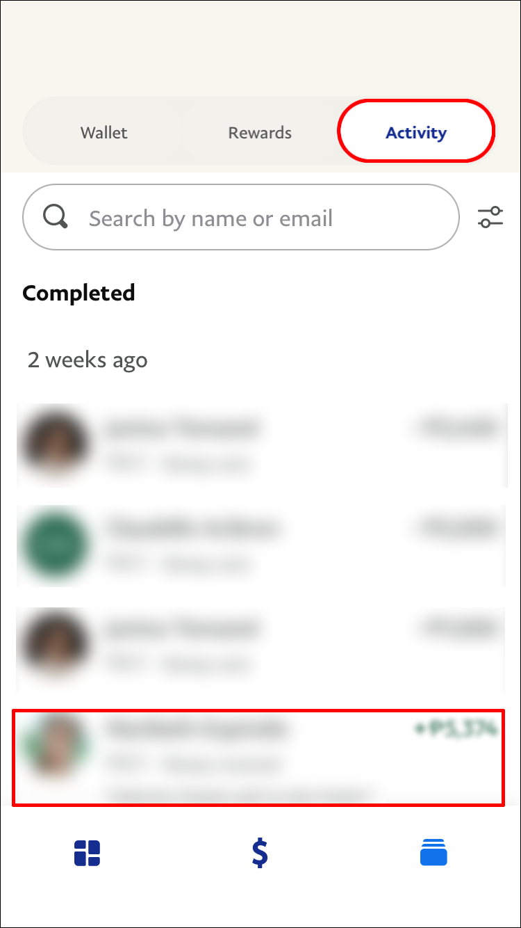 Press “Activity” and search through “Your Activity” to find the payment in question.