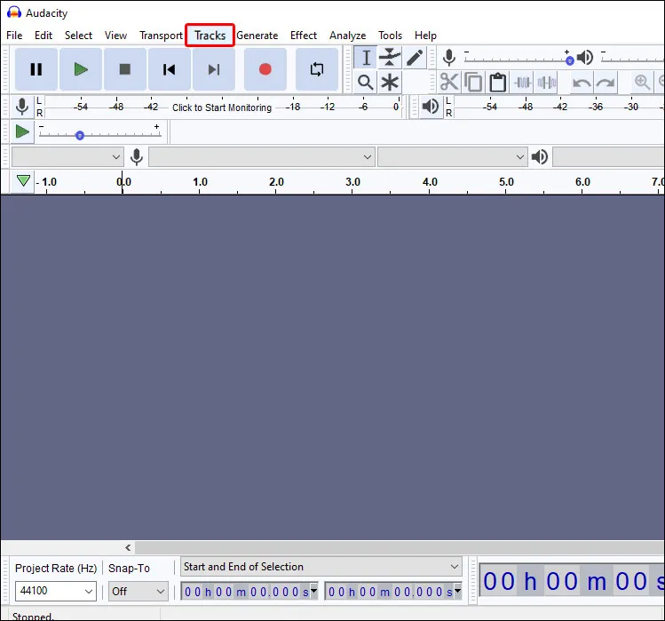 Run Audacity on your computer and go to the “Tracks” tab on the top toolbar.