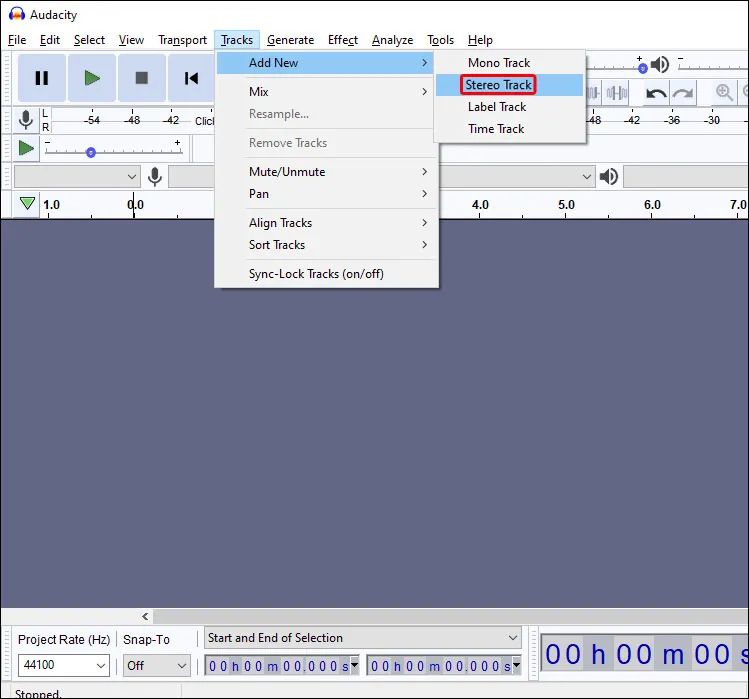 Select “Add New” and then “Stereo Track.”
