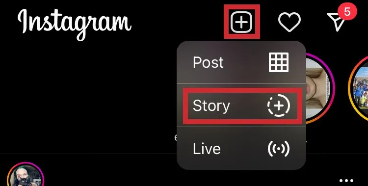 Tap on the “plus” icon (add icon) in the top right section and select “story.”