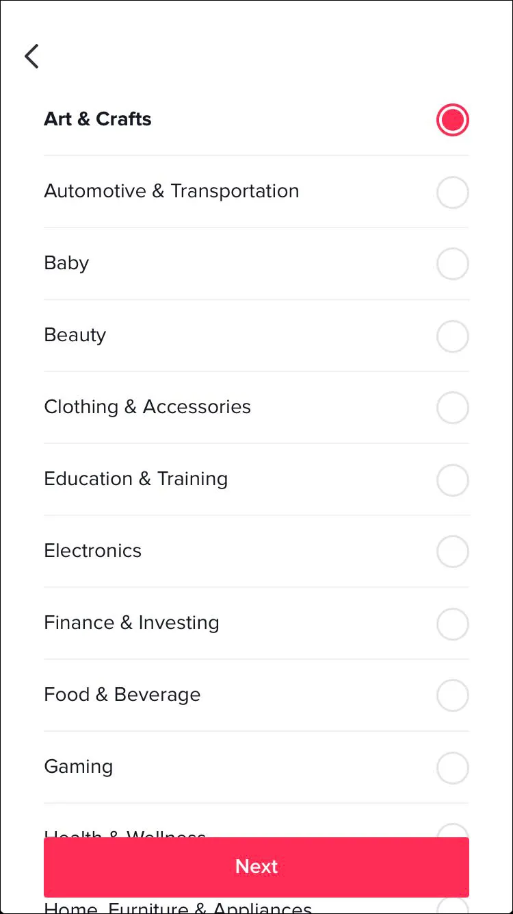 Choose your account category. You can choose any from “Art” to “High Tech,” but this won’t affect the functionality.