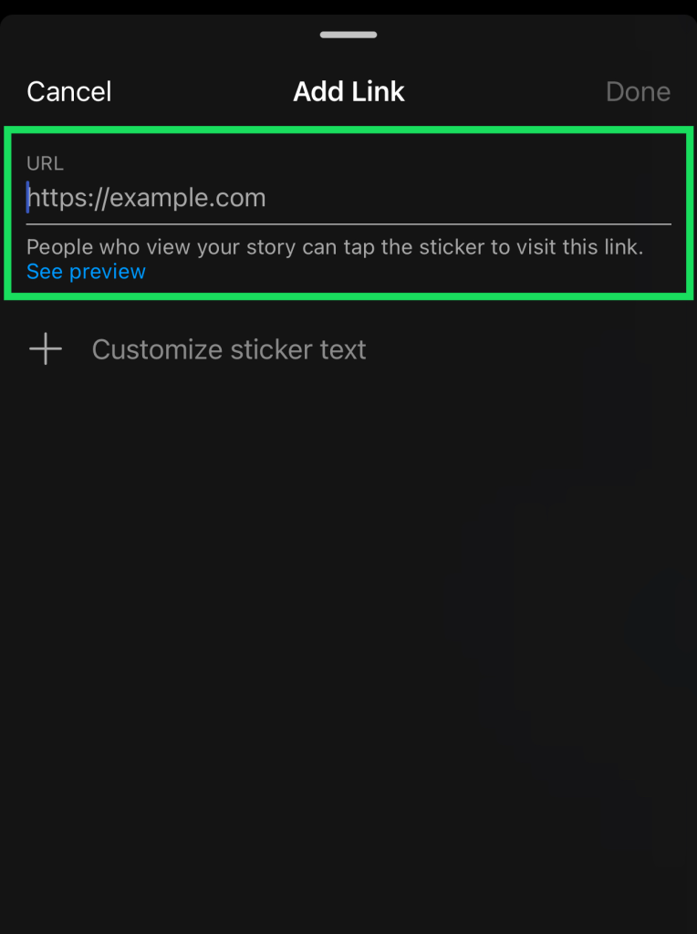 Insert your URL in the text box. Then, tap Done.