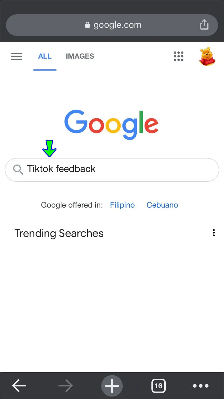 Enter a Google search for TikTok feedback, then tap the correct result.