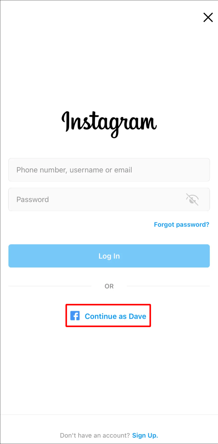 Tap “Log in with Facebook” on the login screen.