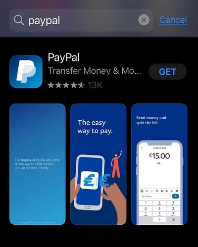 Search for PayPal. If the app is available in your current region, it should be the top result. The app will say Send, Shop, Manage.