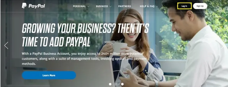 Go to www.paypal.com and click Log In at the upper-right part of the screen.