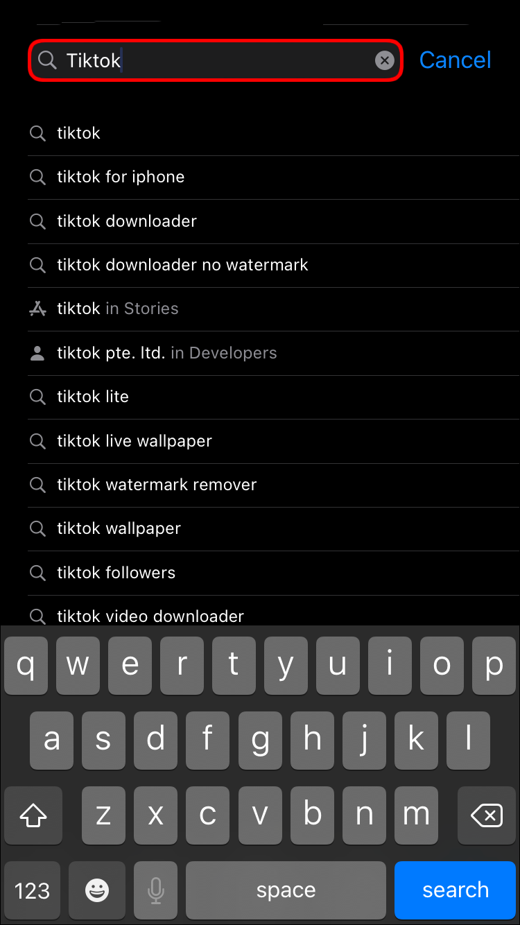 Type “TikTok” in the search bar at the top of the screen.