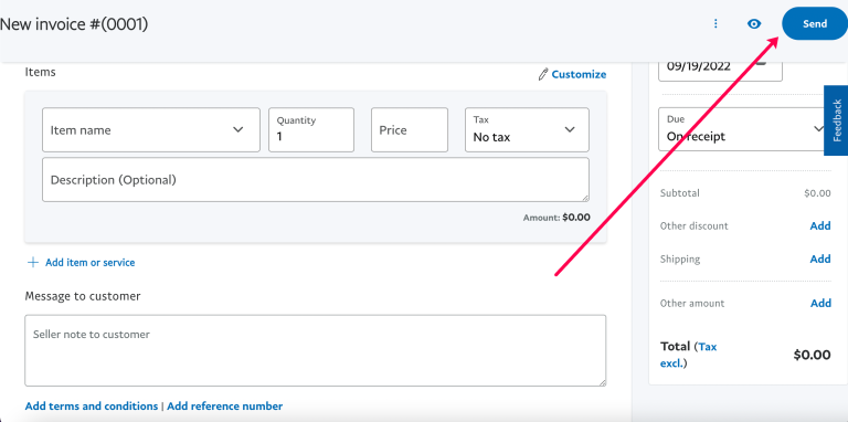 After filling in the invoice details, click Send in the upper right corner to send your invoice.