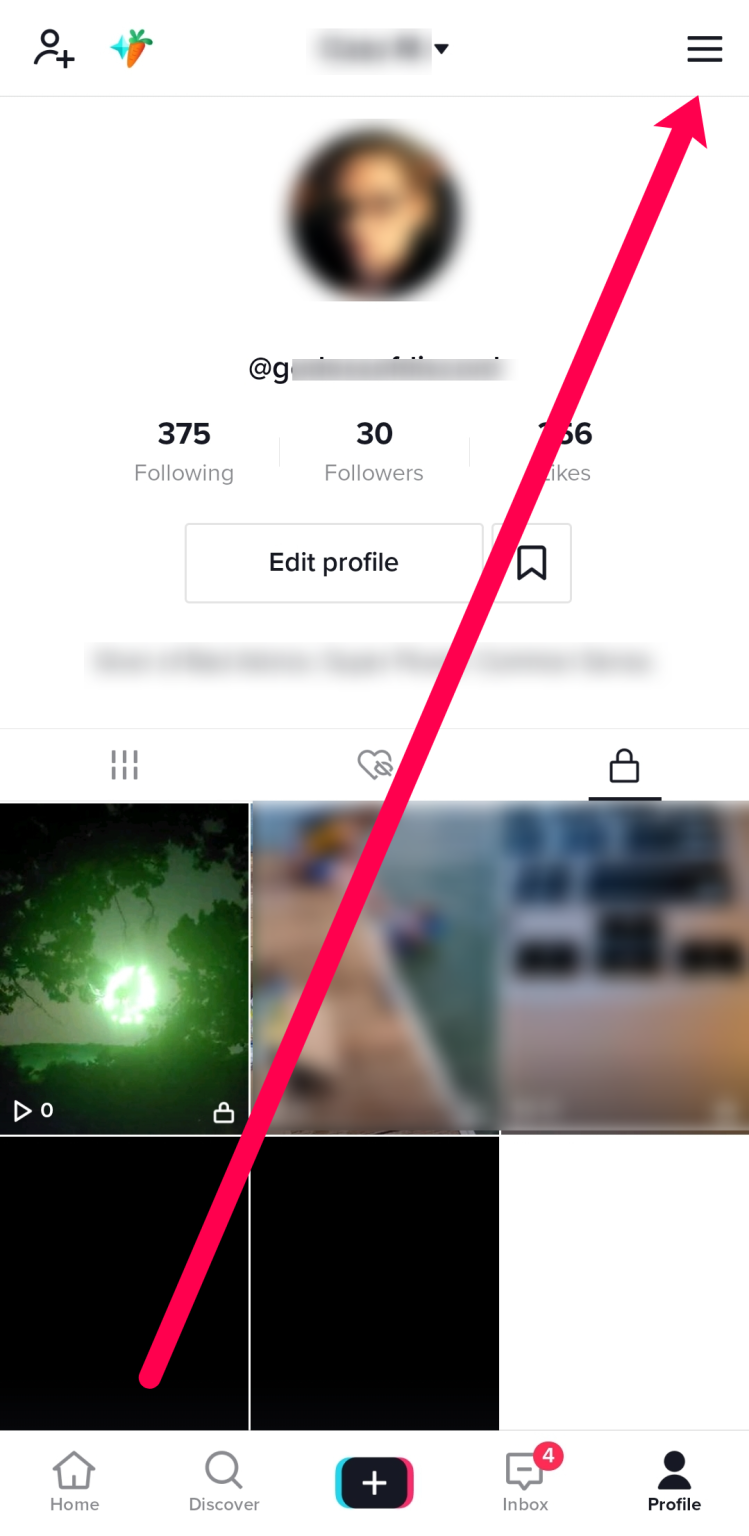 If you need to access TikTok’s Settings tap the three line menu icon in the upper right corner. 