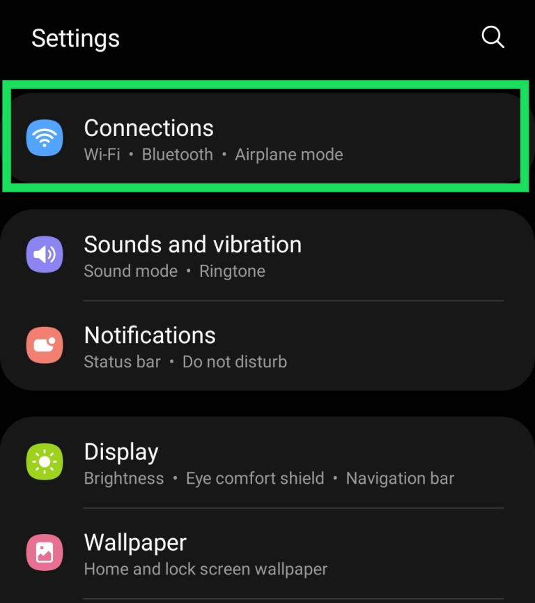 Open the Settings on your Android device and tap on Connections.