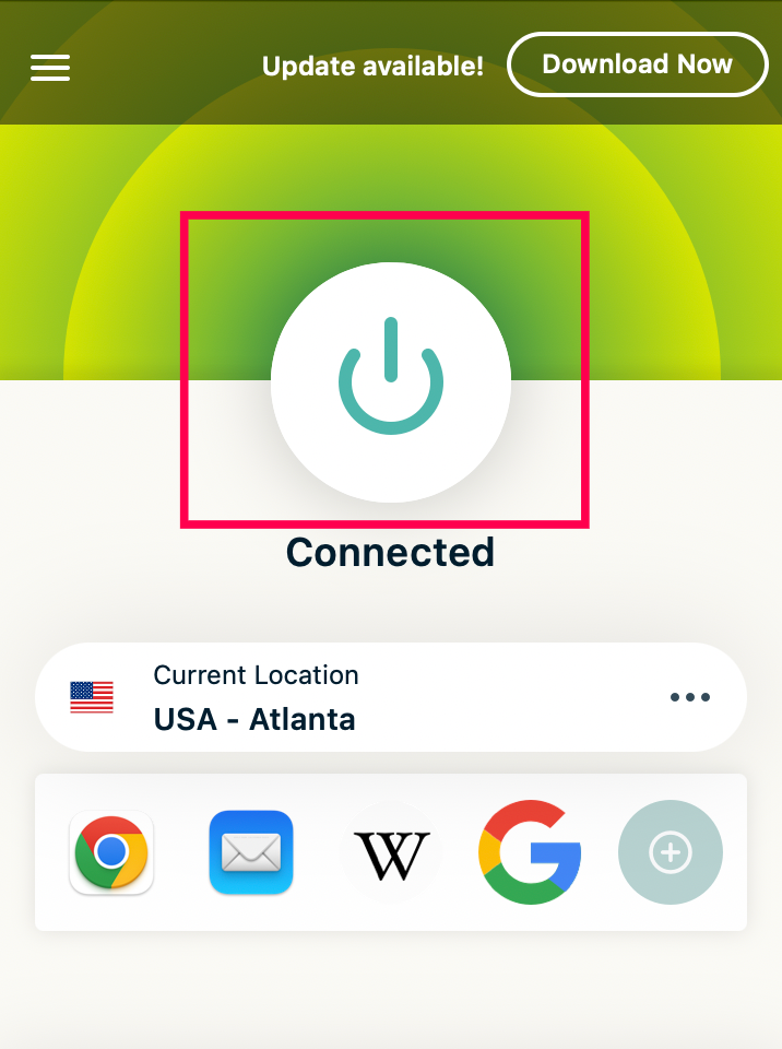 Click the power icon to initiate the VPN.