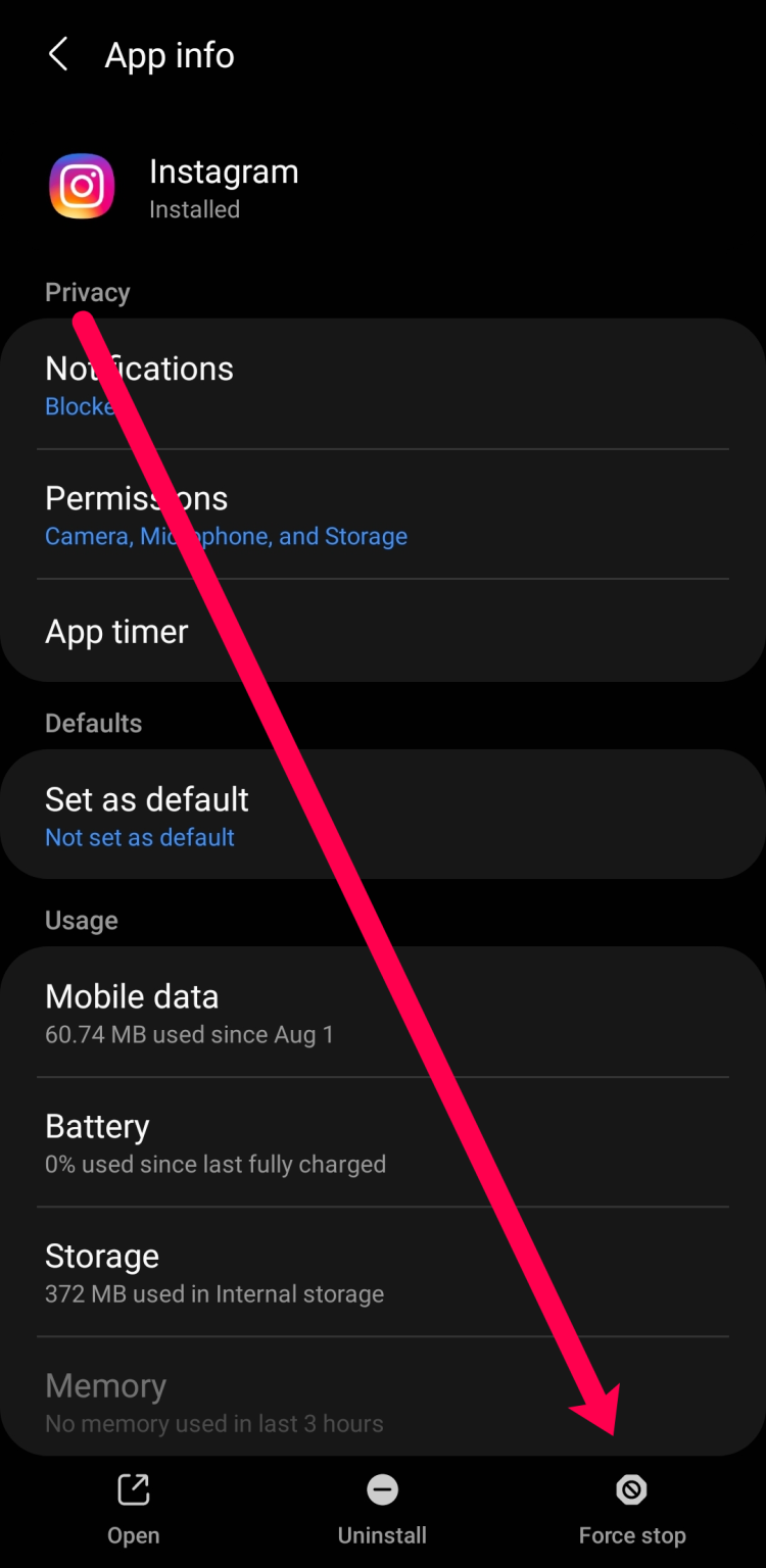 Select Instagram and Force Stop if the option is available.