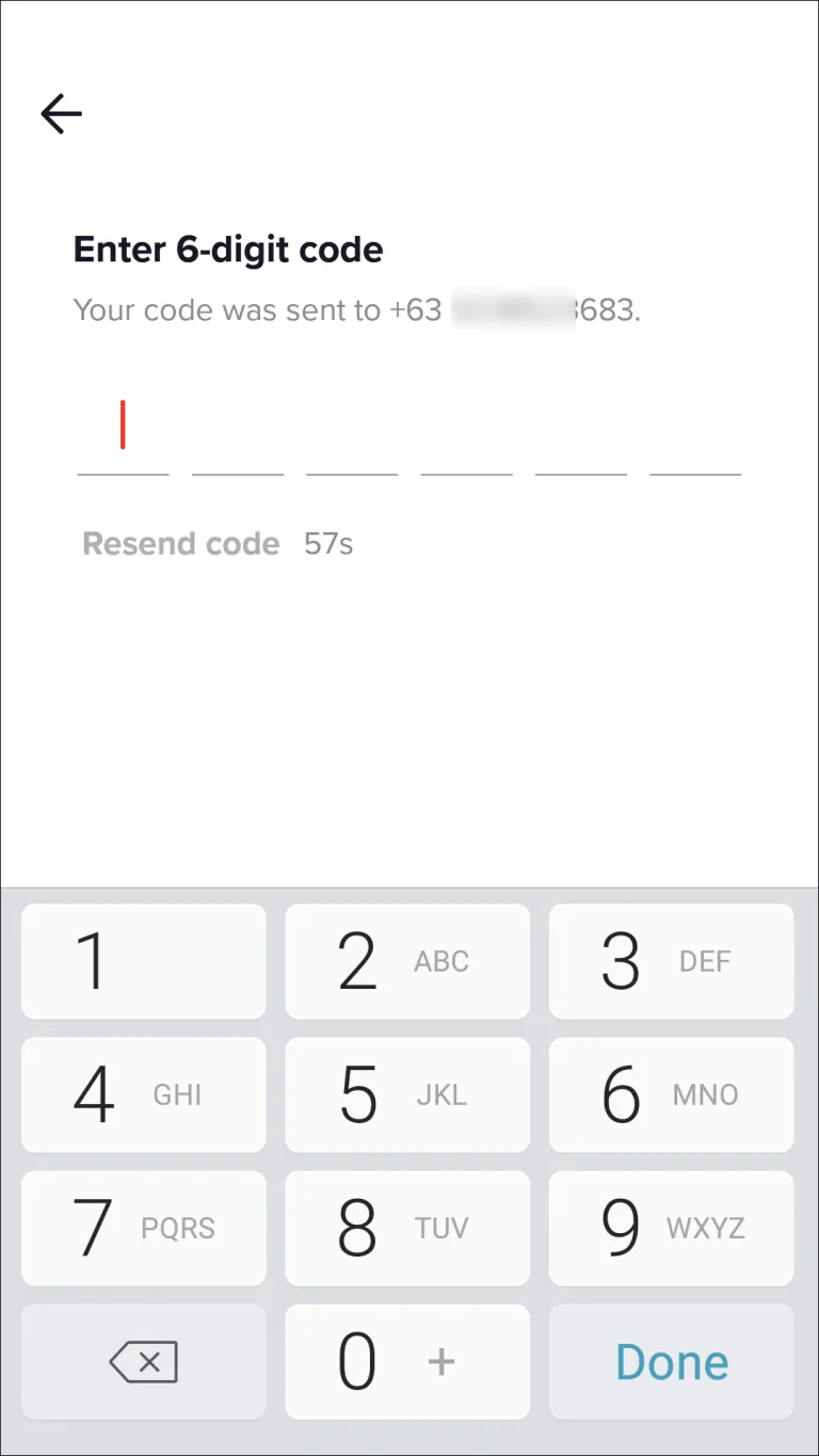 Enter the confirmation code in Tiktok app