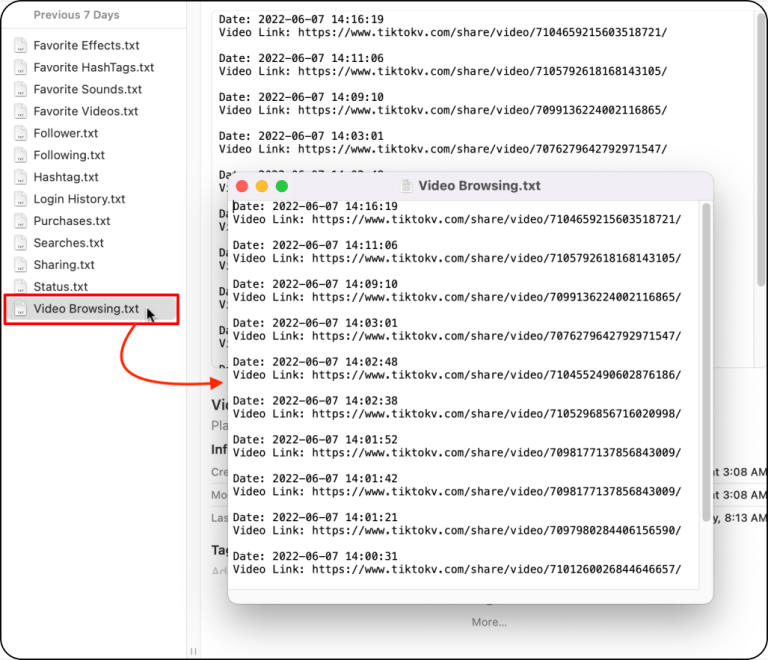 Find the “View Browsing” text file to view all videos you watched or partially saw.