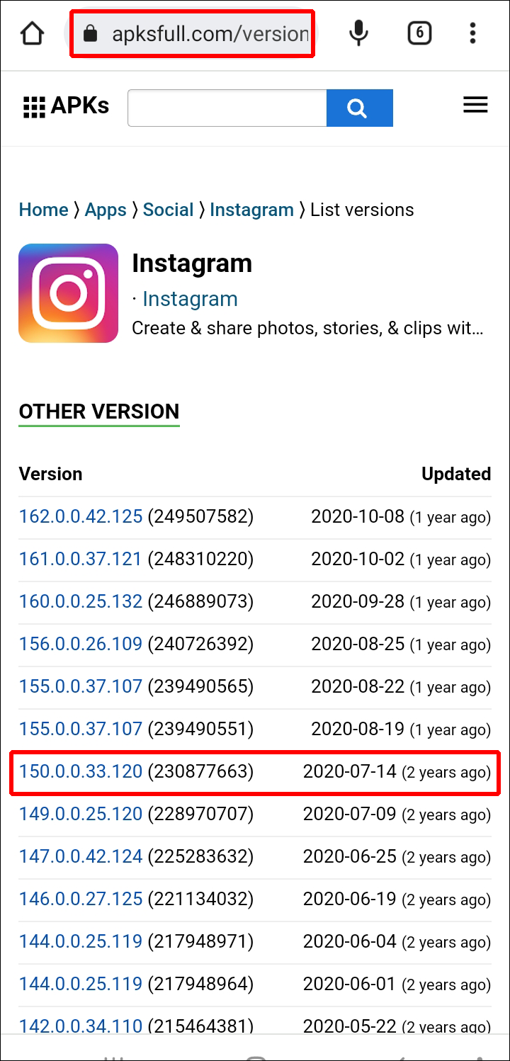 Through the mobile browser, download the required version of the Instagram APK file. 