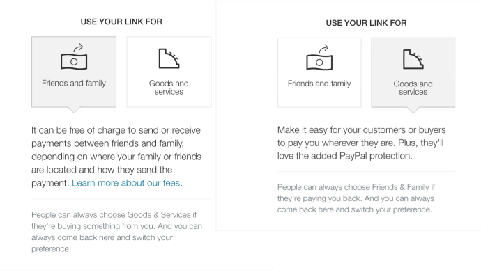 Before your account is set up, you’ll be able to opt for a “friends and family” or “goods and services” account. While the former account is sufficient for transferring money between friends, the latter is best for those who use PayPal for freelancing or to buy and sell goods.